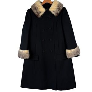 Vintage Adoria Kaufmanns Black Double Breasted Fur Trim Wool Blend Coat Stunning